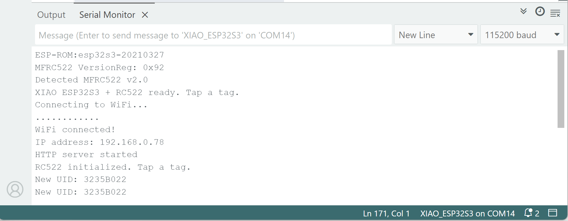 Web page showing last UID and label from the ESP32S3 server